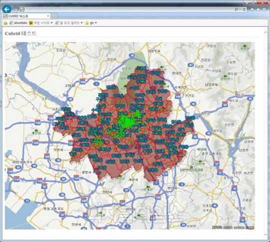 큐브리드에 저장된 데이터를 인트라맵을 통해 국제표준 지도로 구현된 화면. <큐브리드 제공>
